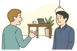 - Apartment Japan A person discussing a housing issue at a coworking space