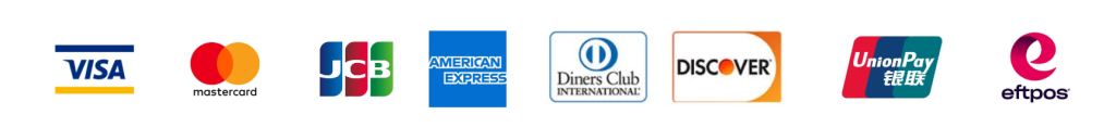 American Express／JCB／Mastercard／Visa／銀聯（CUP）／Discover／Diners Club／eftpos Australia